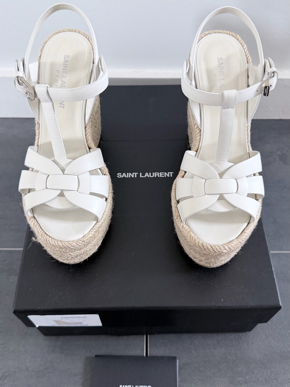Saint Laurent White Leather Braided Espadrille Wedge Sandals with Ankle Strap